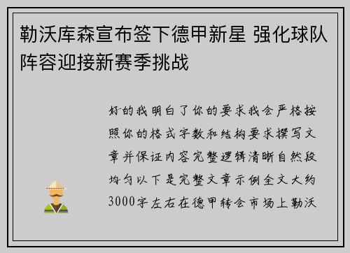 勒沃库森宣布签下德甲新星 强化球队阵容迎接新赛季挑战